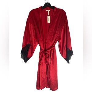 NEW Soma 100% Silk Ruby Red Short Robe Black Lace Kimono S/M Elegant - Rt $199